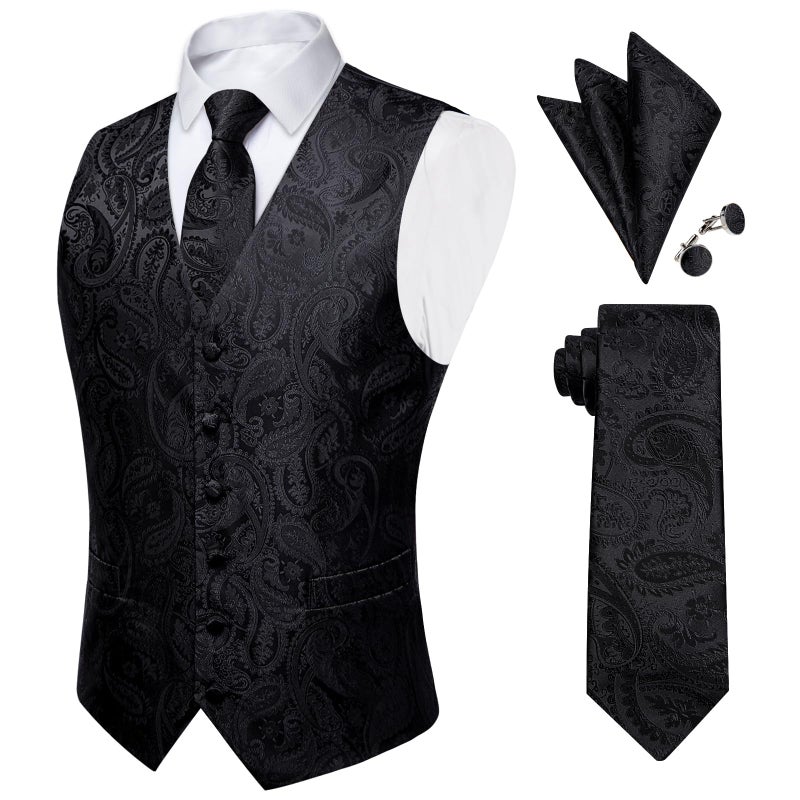 DiBanGu Black Formal Vest for Men Paisley Suit Vest and Tie Set with Hanky Cufflinks 4 Pcs Silk Waistcoat and Necktie Sets - Image 1